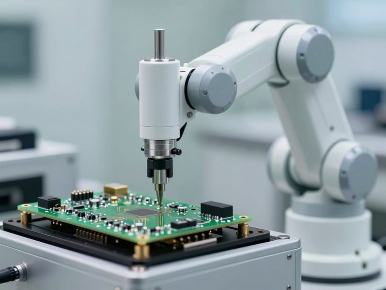 Macro shot of a robotic calibration arm testing a circuit board, bright clinical daylight, clean white and green tones, focus on technical precision.