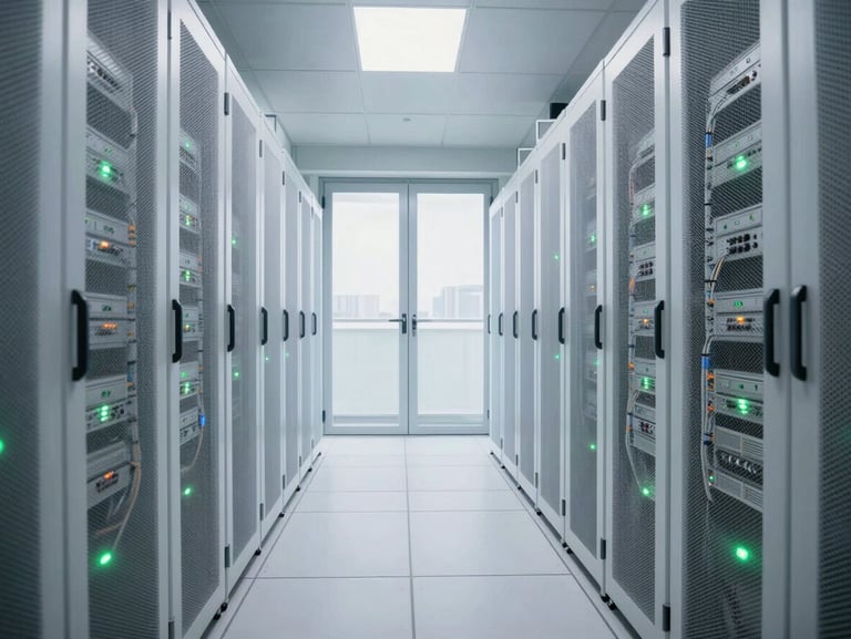 A clean, modern server room with straight-on architectural lines, clinical white and soft green LED indicator lights, pristine cable management, bright daylight.