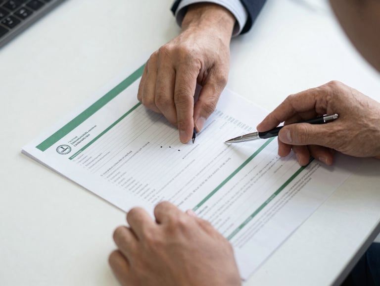 Close-up of clean hands reviewing a structured technical compliance document on a bright slate desk, high contrast, clinical green accent lines.