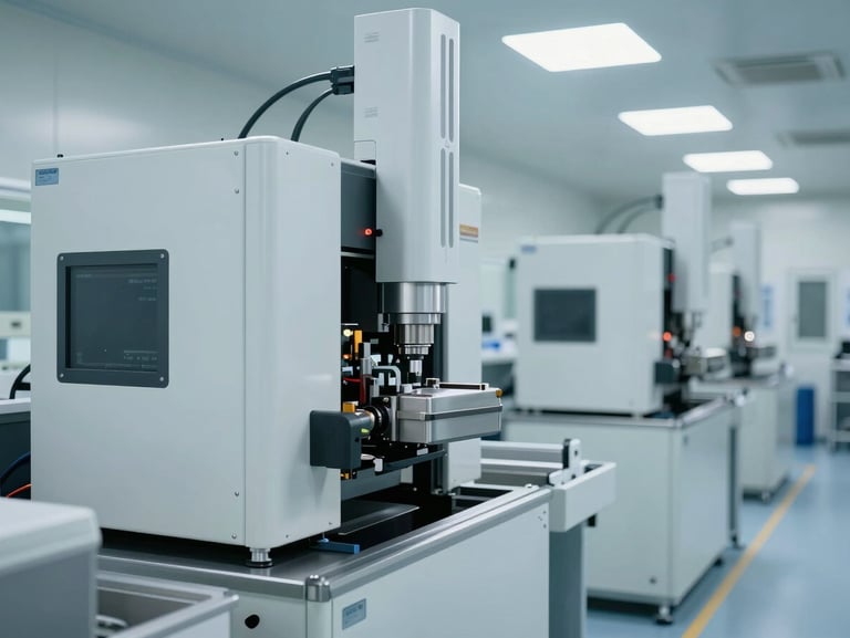 High-precision industrial cleanroom environment, bright clinical lighting, automated manufacturing equipment with clean straight lines.