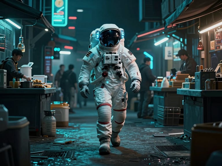 Cinematic digital art of a lone astronaut walking through a neon-lit cyberpunk bazaar, dramatic high-contrast electric teal edge lights, deep shadows, 16:9 aspect ratio