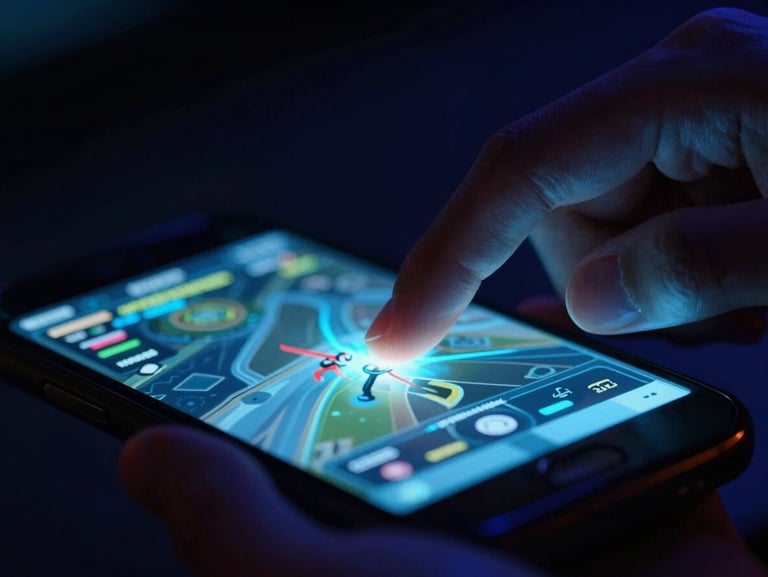 Macro close-up shot of fingers on a glowing mobile phone screen, intense action gameplay, cinematic esports lighting, electric blue and deep shadows.