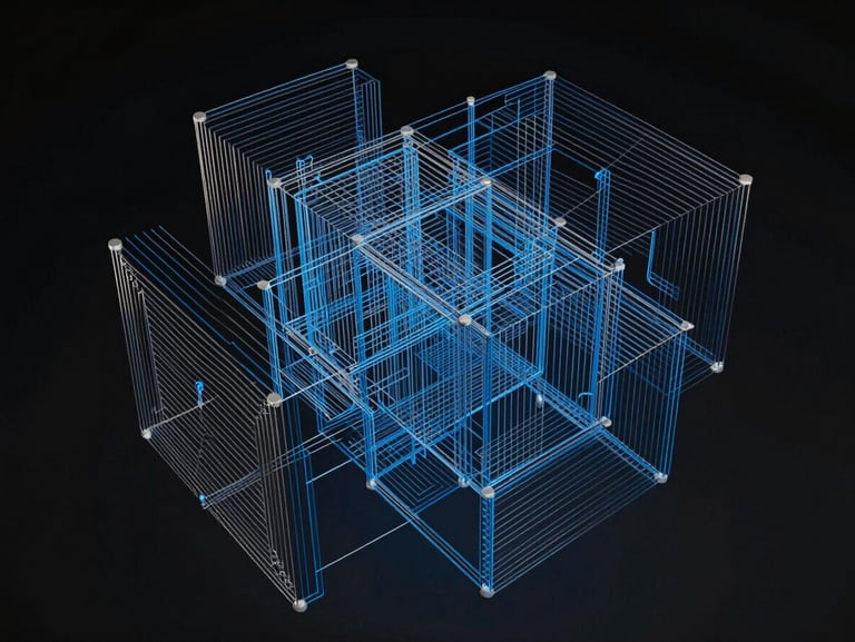 Abstract geometric composition of interlocking wireframes and sharp blue lines on a dark background, representing clean code structure, high-contrast, modern technical aesthetic.