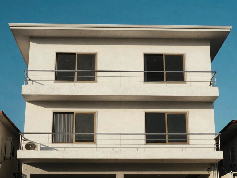 Exterior facade of a beach house in Cabo Frio, bright coastal sun, blue sky, simple architecture.