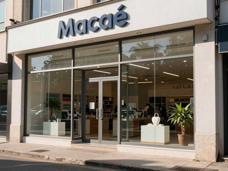 Clean modern commercial storefront in Macaé, large glass windows, street level view, bright daylight.