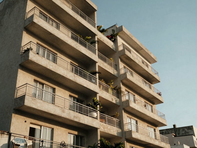 Cozy apartment building exterior in Rio das Ostras, balconies with plants, clear afternoon light.