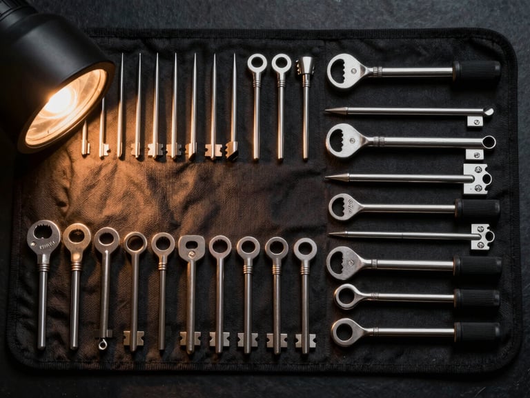 Overhead close-up of a locksmith's tool roll laid flat on a dark surface — picks, tension wrenches, and key extractors arranged in order, lit by a single warm amber tungsten light from the left, tools sharp against the near-black background