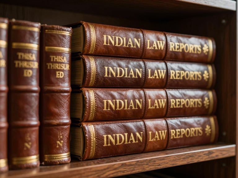 Close-up of leather-bound Indian Law Reports stacked on a dark wood shelf in the Thrissur office, warm natural side-light highlighting the gold-embossed lettering.