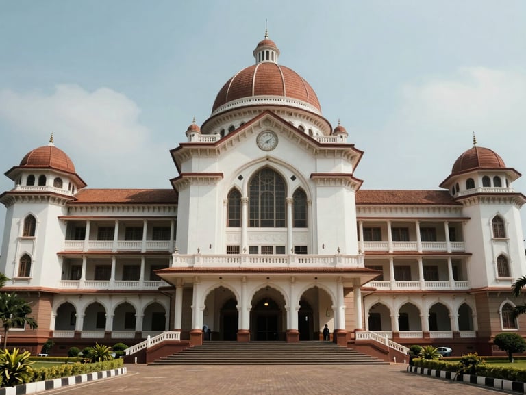 Wide environmental shot of the High Court of Kerala building in Ernakulam, captured with sharp architectural lines under natural daylight.