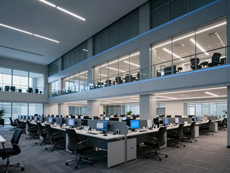 Wide structured architectural shot of a modern enterprise operations center, cool low-key studio lighting with sharp blue highlights.