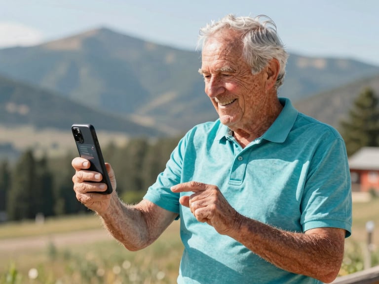 An older gentleman smiling proudly while showing a digital flyer on his smartphone, sunny outdoor Colorado setting with soft mountain background.