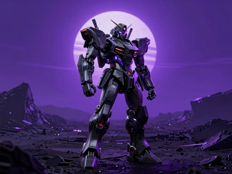 High-contrast game art of a lone mech standing in a desolate obsidian wasteland under a violet sun, dramatic backlighting, cinematic composition