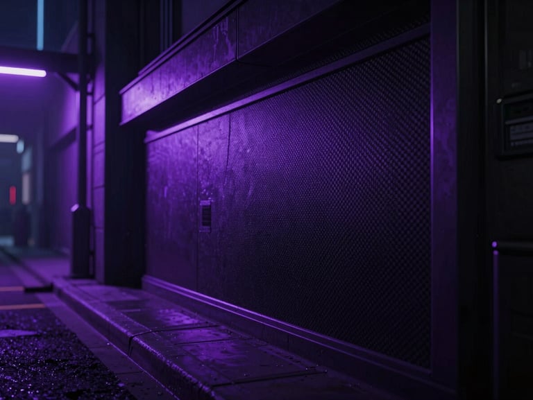 Dramatic in-game screenshot of a cyberpunk streetside, dark low-key neon lighting, electric purple highlights, anamorphic lens, ultra-sharp