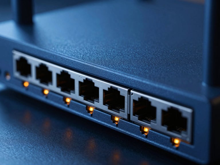 Close-up macro shot of a sleek physical network router interface, cool blue ambient light with sharp orange LED indicator lights glowing on the ports, high-contrast shadows, shallow depth of field.