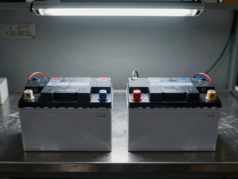 Top-down shot of two sealed lead-acid UPS batteries side by side on a metal workbench, terminals labeled, work-light overhead, no clutter — clean diagnostic environment
