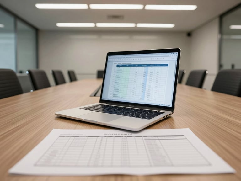Wide-angle view of a conference room in a modern Pakistan office, laptop open on a project timeline document, printed deliverable checklist on the table under neutral fluorescent light, no people visible