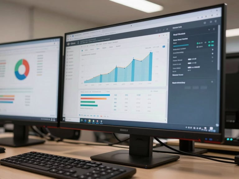 Close-up of a developer's dual-monitor setup in a clean Karachi office, showing a web application dashboard with live data charts, keyboard in foreground, neutral fluorescent lighting, tight crop emphasizing the screen interface