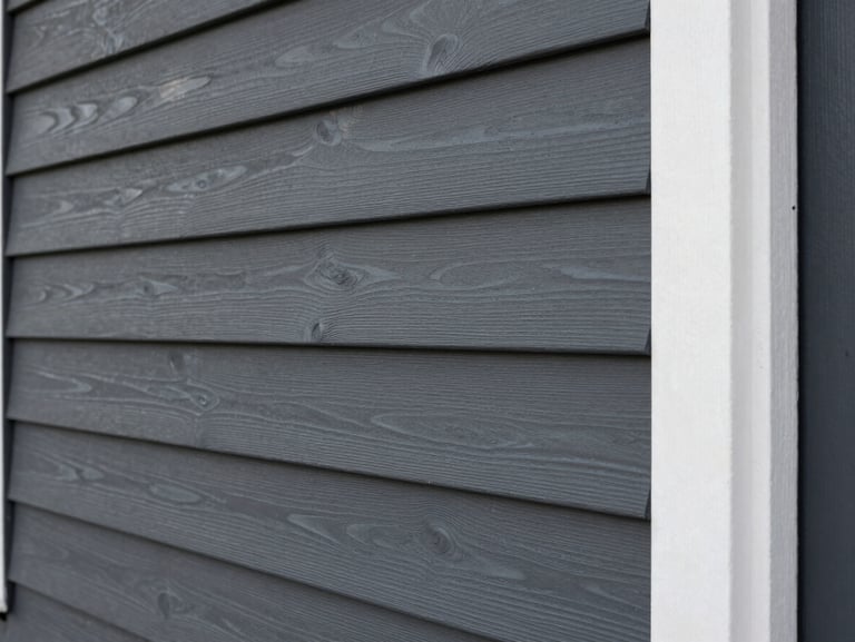 After: the exact same cedar siding, fully sanded, primed, and finished in a solid dark slate gray with crisp white trim.