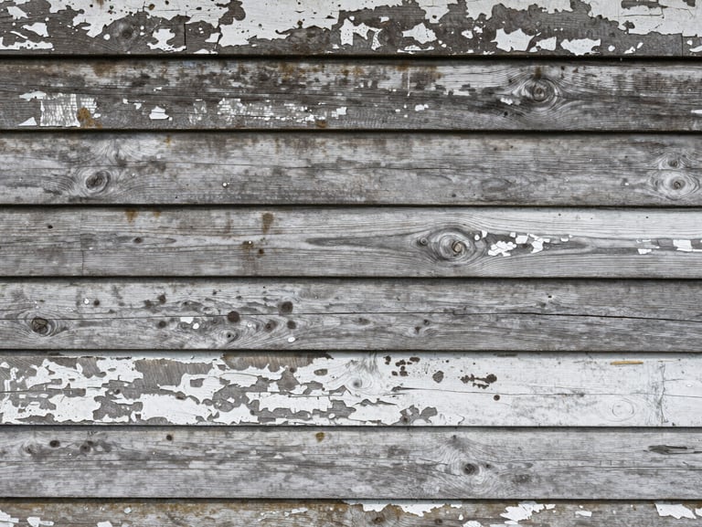 Before: weathered, graying cedar siding with peeling white paint and dark mildew spots, flat direct lighting.