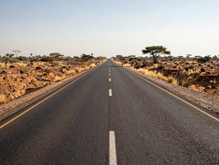 Ground-level view along a completed asphalt road in semi-arid Kenya, road stretching to horizon, tyre tracks visible on shoulder, strong natural sidelight