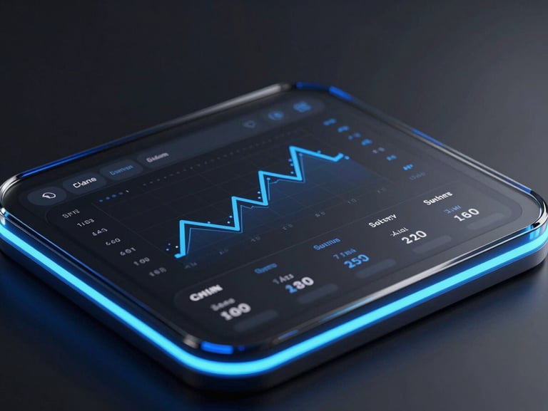 Ultra-sharp dark-mode UI mockup of a financial dashboard inside a sleek glass device frame, glowing electric blue accents, macro perspective.