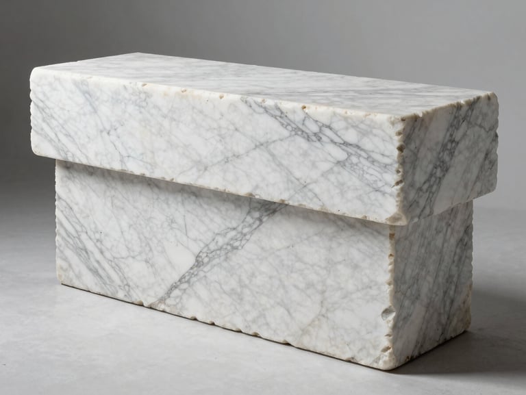 Close architectural view of a Statuario marble quarry bench in Carrara, freshly cut stone face showing dense fine grey veining on brilliant white ground, hard studio strobe light from one side revealing surface texture