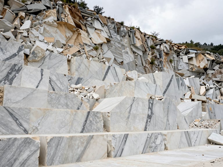 Wide environmental view of an Apuan Alps marble quarry face in northern Tuscany, raw Calacatta blocks extracted from pale cliff, overcast diffused light showing true white-grey stone colour, no people visible