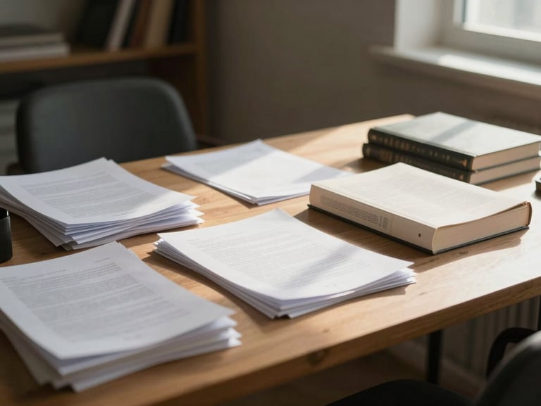Wide environmental view of a quiet home study, warm afternoon light falling across a tidy desk with stacked papers and a closed book, no people, calm and orderly atmosphere