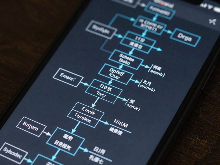 Technical schematic of a system file directory tree displayed on a mobile screen, sharp vector lines, electric-cyan highlights, deep charcoal background.