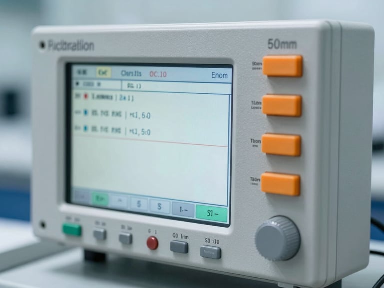 Close-up of a digital PLC controller screen showing calibration data, sharp clinical laboratory lighting, cold metallic steel tones, safety-orange accent highlights.