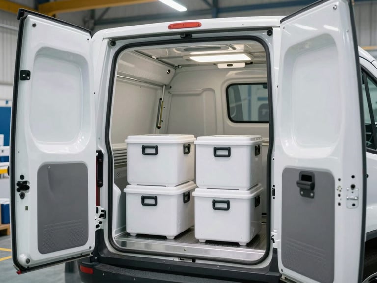 A temperature-controlled delivery vehicle with open doors showing clean, organized, insulated medicine transport crates inside a bright logistics bay.