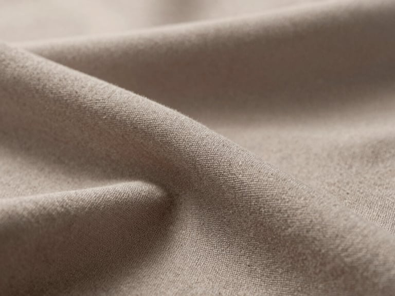 Macro close-up of soft taupe long-staple cotton textile weave, soft diffused side daylight, architectural shadows.
