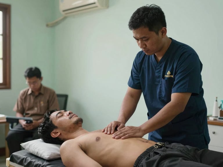 Asesor berlisensi BNSP mengamati kandidat penyehat tradisional melakukan teknik akupresur di ruangan ujian yang bersih dan higienis.