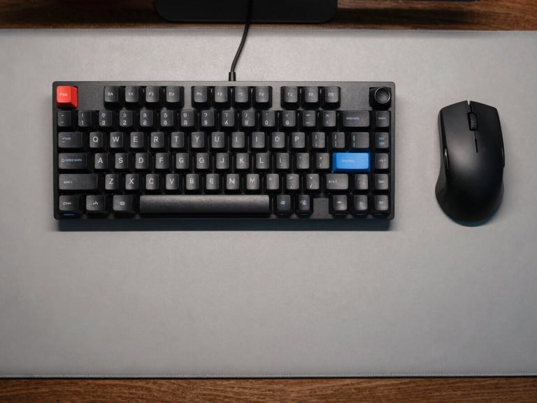 Top-down flat lay of a clean desk setup with a mechanical keyboard, a matte black mouse, and a minimalist desk mat under diffused cool studio lighting