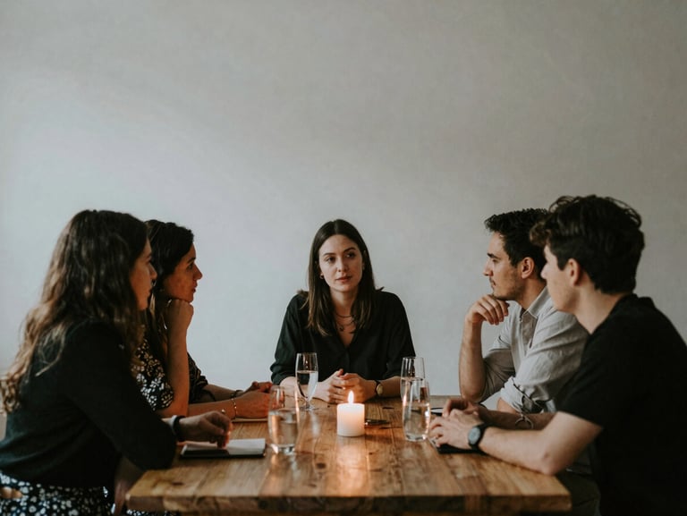 Candid medium shot of people talking around a candlelit wooden table at an evening event, low contrast, warm atmospheric shadows