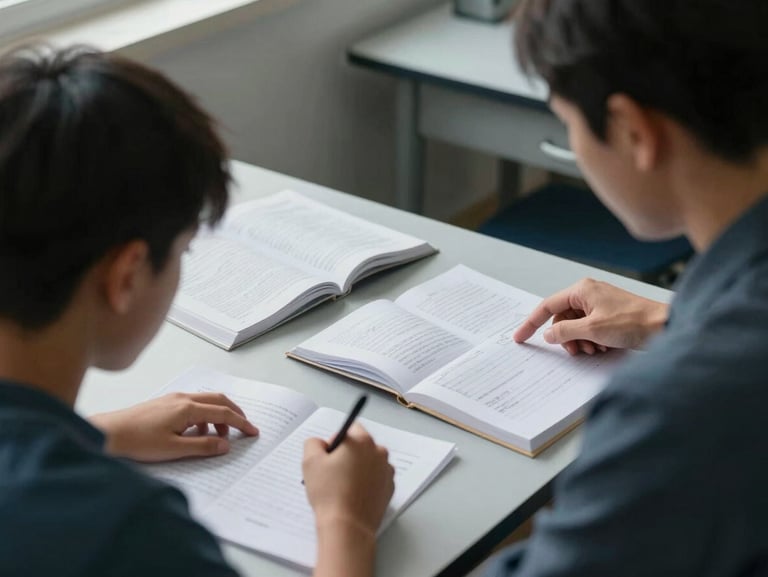 Environmental shot of a small study room, one student working through homework at a desk with textbooks open, teacher's hand visible pointing at a page, cool indoor lighting