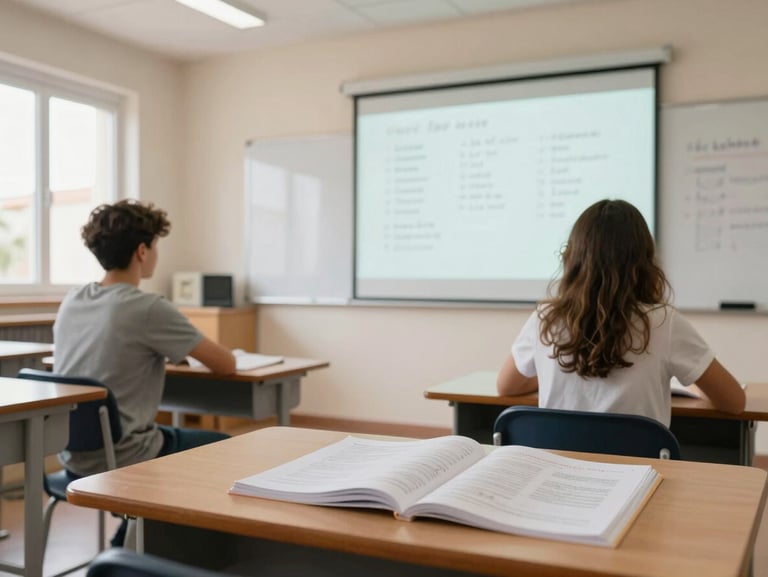 Wide shot of a bright classroom in Jávea, two students at desks mid-lesson with an open workbook in the foreground, whiteboard showing English vocabulary in background, natural daylight through windows