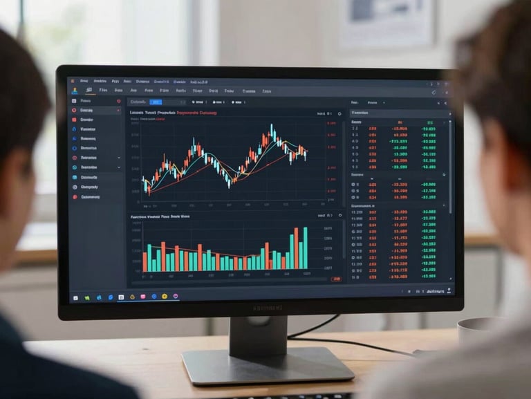 Over-the-shoulder view of a clean software dashboard displaying financial metrics, bright daylight, professional setting.