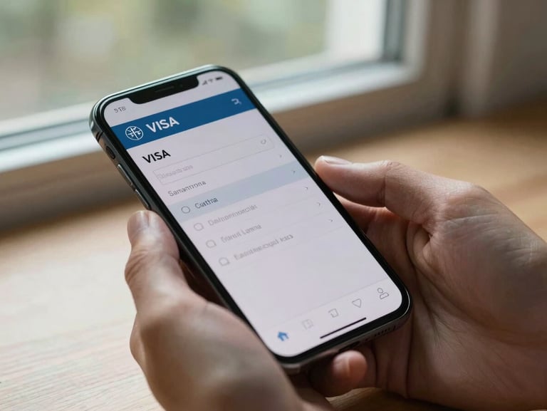 Tight frame of a hand holding a smartphone displaying a visa application checklist, natural daylight from a nearby window, desk surface visible below