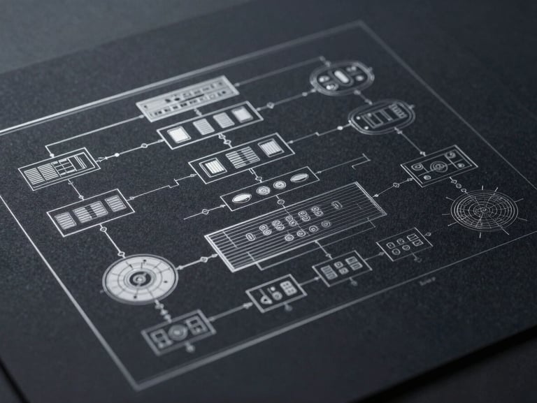 Abstract technical schematic of a system architecture layout, clean silver lines on a deep slate background, high contrast, blueprint style.