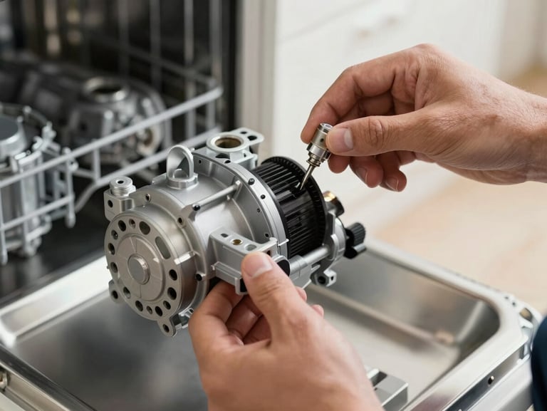 Close-up of a technician's hands installing a brand new, clean dishwasher pump motor, bright natural light, professional tools visible in background.