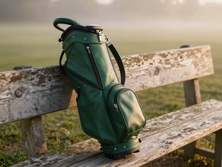 A quiet post-round scene with a leather golf bag resting against a weathered wooden bench, warm late-afternoon light, peaceful atmosphere