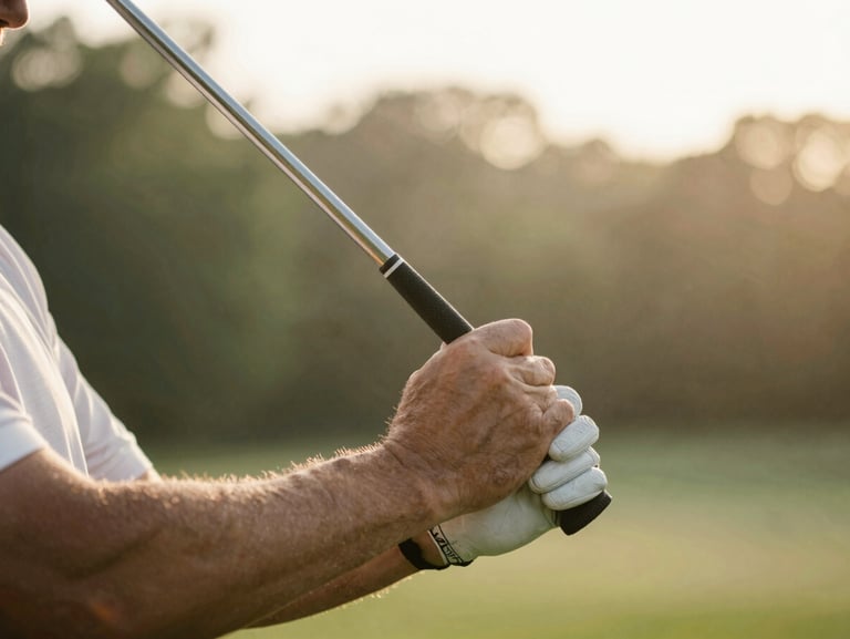 Close-up of a golfer's hands gripping a vintage club with a relaxed, soft posture, golden-hour sunlight filtering through trees, soft focus
