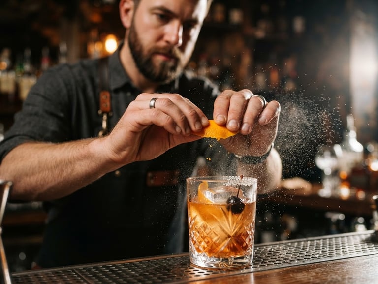 Close-up of a professional bartender expressing citrus zest over a crystal glass, microscopic mist of essential oils caught in sharp side lighting, shallow depth of field