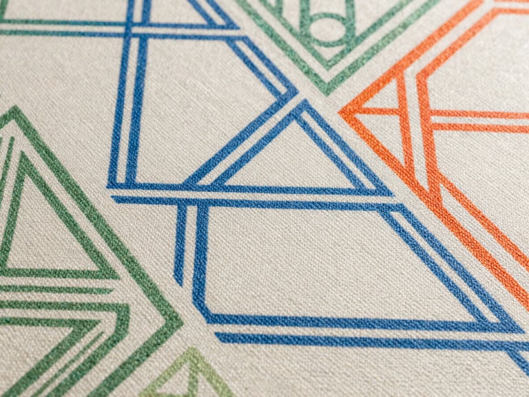 Close-up of textured canvas wallpaper with detailed geometric pattern printed in UV ink, showing physical relief and texture
