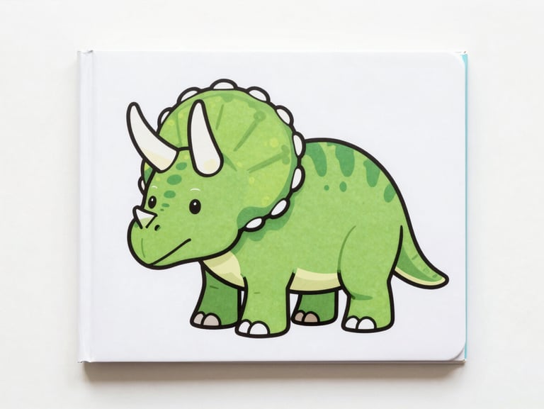 Top-down product shot of a coloring book cover with a friendly green cartoon Triceratops, bright daylight, clean background.