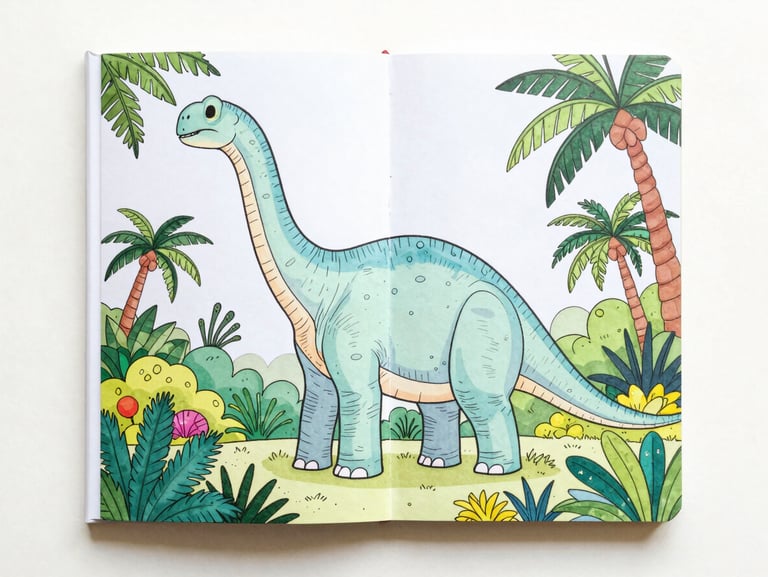 Top-down product shot of a coloring book cover featuring a majestic Brachiosaurus in a lush jungle, bright natural light.