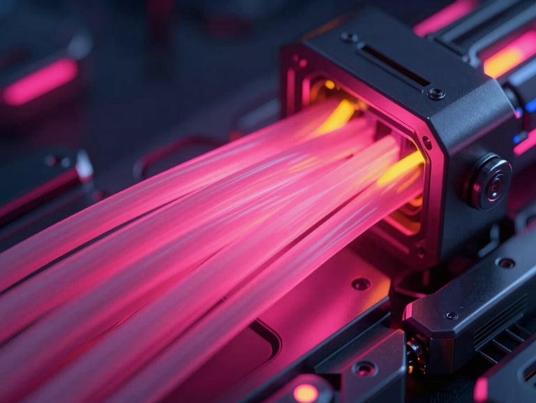 Extreme close-up of optical fiber cables glowing with neon pink light, woven through a dark metallic chassis, futuristic 3d render
