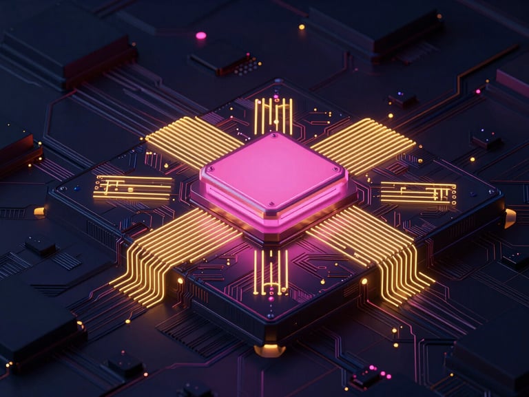 Isometric view of a custom operating system kernel diagram rendered as glowing holographic yellow lines over dark silicon, futuristic 3d render