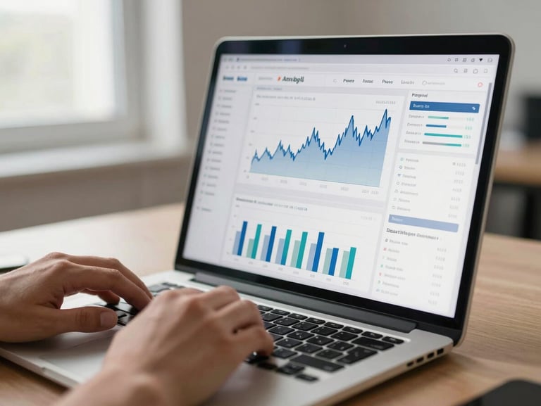 Close-up of a laptop screen showing a live analytics dashboard with traffic graphs and conversion metrics, on a clean office desk under neutral window light, hands visible at keyboard